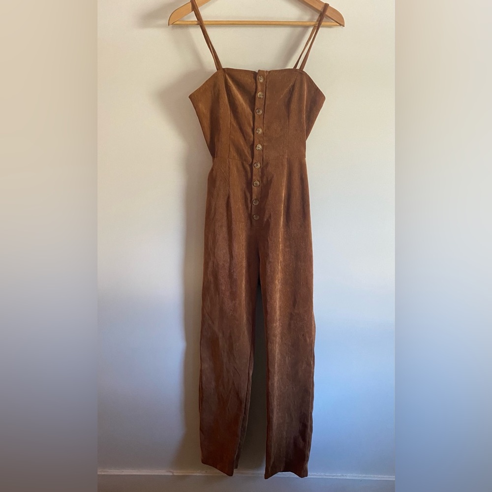 Emory park cognac colored open back jumpsuit